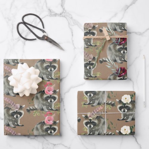 Rustic Kraft Baby Racoons Dressed For A Party Wrapping Paper Sheets