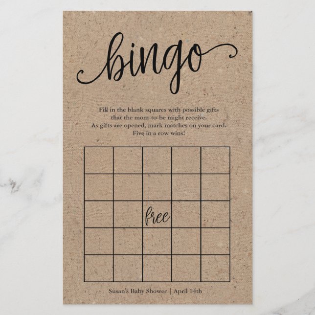Rustic Kraft Baby Shower Bingo, Paper Game Card (Front)