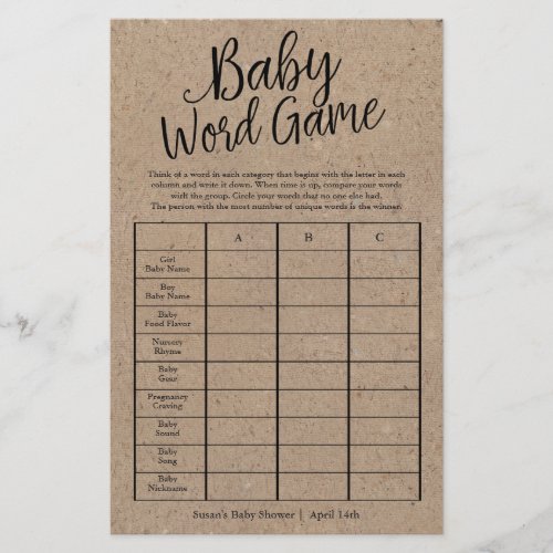 Rustic Kraft Baby Word Game Shower Paper Game Card
