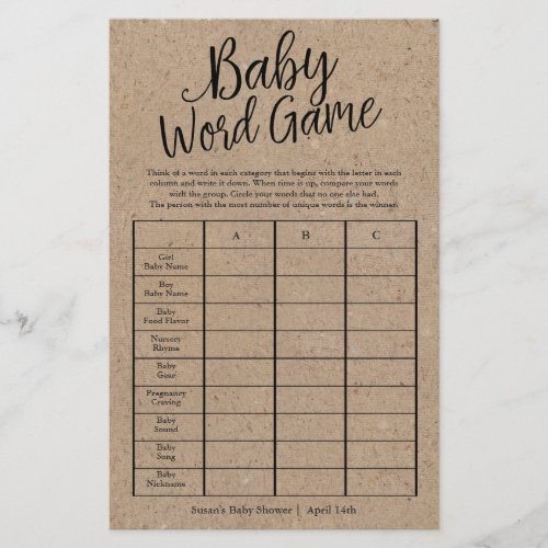 Rustic Kraft Baby Word Game Shower Paper Game Card