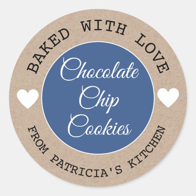 Rustic Kraft Baked With Love  Choco Cookies Blue Classic Round Sticker (Front)