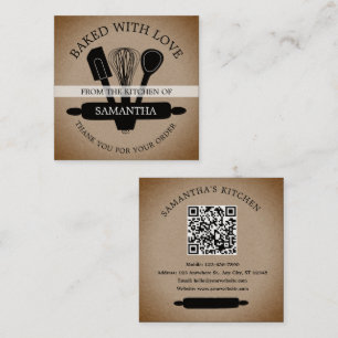 Rustic Kraft Baked With Love QR Code Thank You Square Business Card