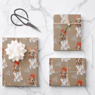 Rustic Kraft Bassett Hounds Dressed For Christmas Wrapping Paper Sheets