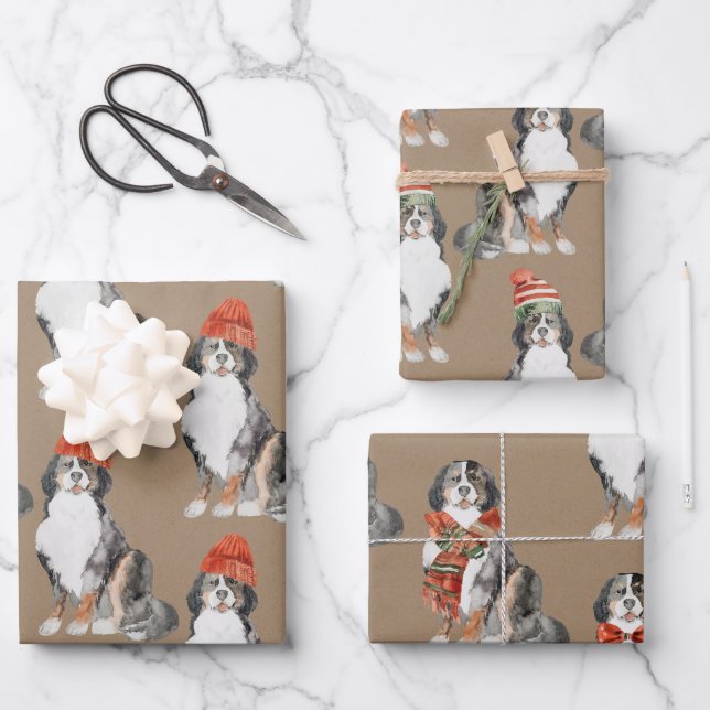 Rustic Kraft Bernese Dogs Dressed For Christmas Wrapping Paper Sheets (Front)