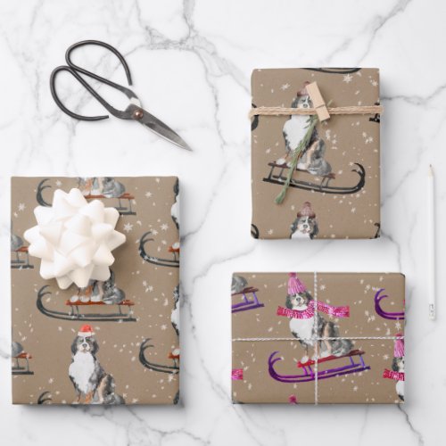 Rustic Kraft Bernese Dogs Sledding Around Wrapping Paper Sheets