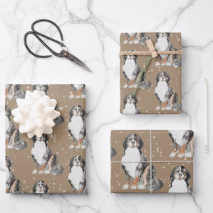 Rustic Kraft Bernese Dogs Under A Dusting Of Snow Wrapping Paper Sheets