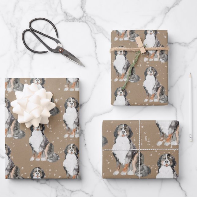 Rustic Kraft Bernese Dogs Under A Dusting Of Snow Wrapping Paper Sheets (Front)