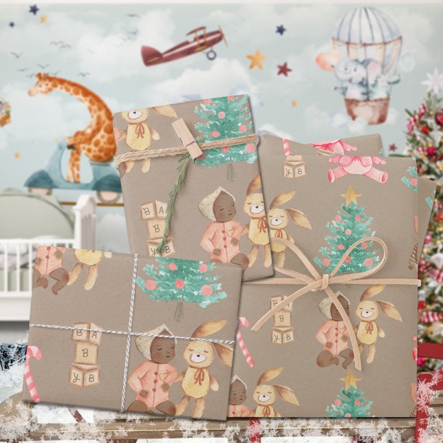 Rustic Kraft Black Baby Girl's First Christmas Wrapping Paper Sheets (Rustic Kraft Black Baby Girl's First Christmas Holiday Gift Wrapping Paper Sheets Trio)