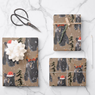 Rustic Kraft Black Bear Christmas Cubs Wrapping Paper Sheets