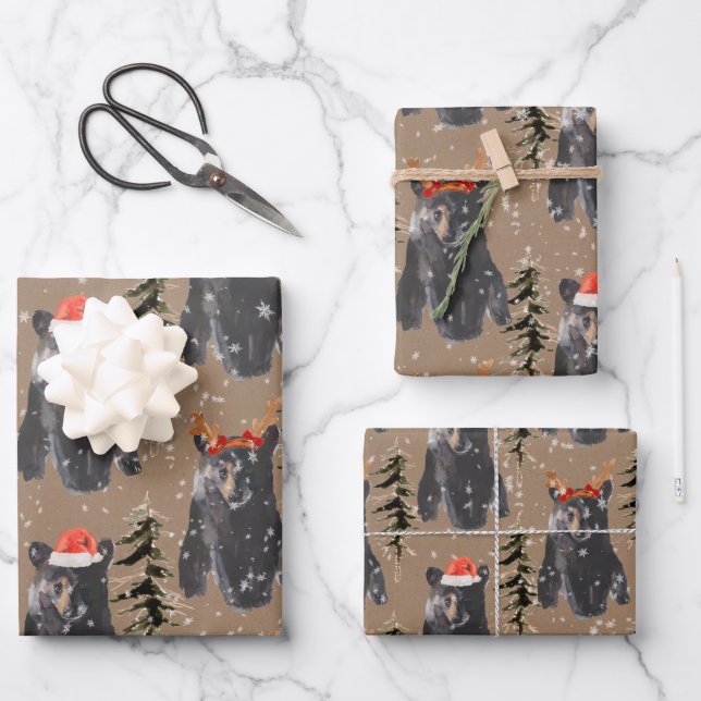 Rustic Kraft Black Bear Christmas Cubs Wrapping Paper Sheets (Front)