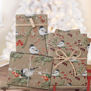 Rustic Kraft Black Cap Chickadee Birds & Berries 2 Wrapping Paper Sheets