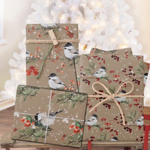 Rustic Kraft Black Cap Chickadee Birds  Berries 2 Wrapping Paper Sheets