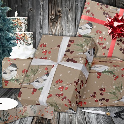 Rustic Kraft Black Cap Chickadee Birds  Berries Wrapping Paper