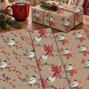 Rustic Kraft Black Cap Chickadee Birds & Berries Wrapping Paper Sheets