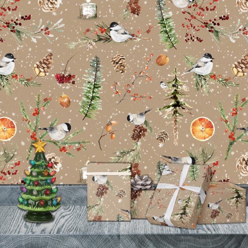 Rustic Kraft Black Cap Chickadee Christmas Party Wrapping Paper