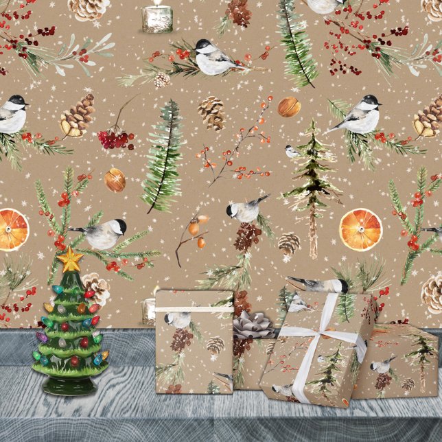 Rustic Kraft Black Cap Chickadee Christmas Party Wrapping Paper Sheets (Rustic Kraft Black Cap Chickadee Christmas Party Winter Holiday Gift Wrapping Paper Sheets Trio)