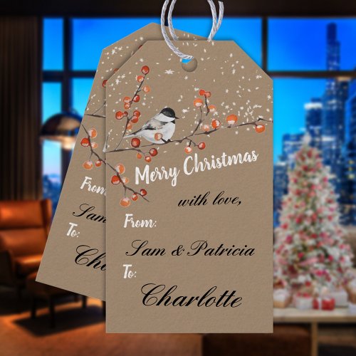 Rustic Kraft Black Cap Chickadee Ilex Berry Snow  Gift Tags