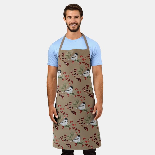 Rustic Kraft Black Cap Chickadees Red Winter Berry Apron (Worn)