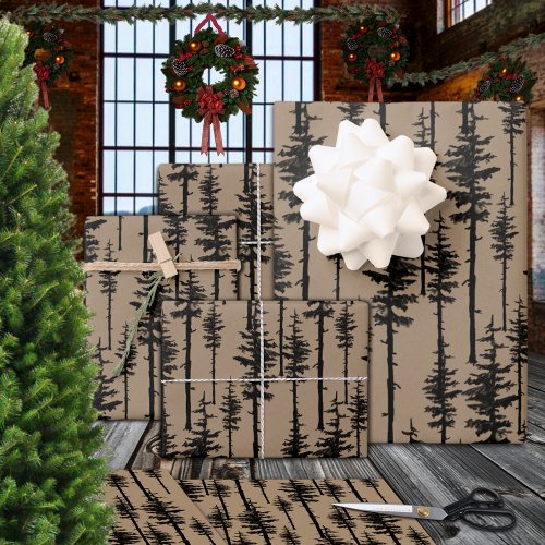 Rustic Kraft Black Eastern Pine Woodland Forest Wrapping Paper Sheets