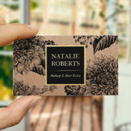 Rustic Kraft Black Floral Makeup Artist Hair Salon Business Card