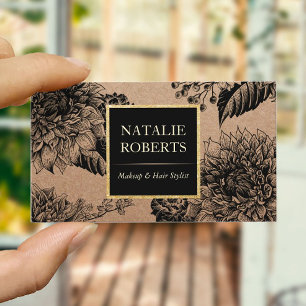 Rustic Kraft Black Floral Makeup Artist Hair Salon Business Card