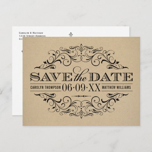 Rustic Kraft Black Flourish Vintage Save the Date Announcement Postcard