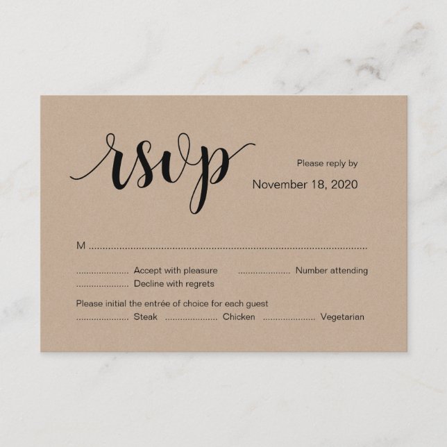 Rustic Kraft, Black font Color, Wedding RSVP card (Front)