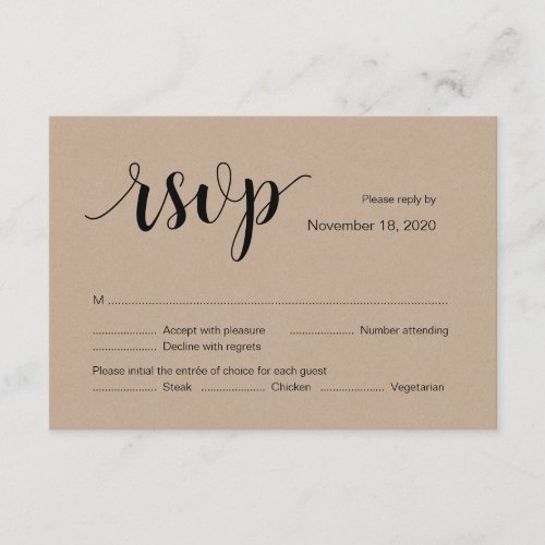 Rustic Kraft Black font Color Wedding RSVP card