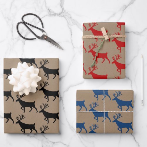 Rustic Kraft Black Red Navy Woodland Stag Wrapping Paper Sheets