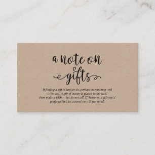 Rustic kraft black script, A note on gifts Enclosure Card