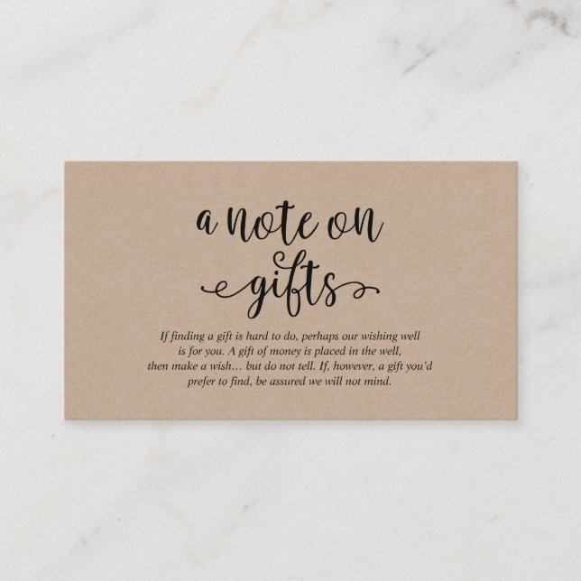 Rustic kraft black script, A note on gifts Enclosure Card (Front)