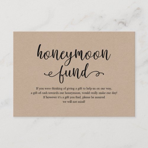 Rustic kraft black script Wedding Honeymoon Fund Enclosure Card