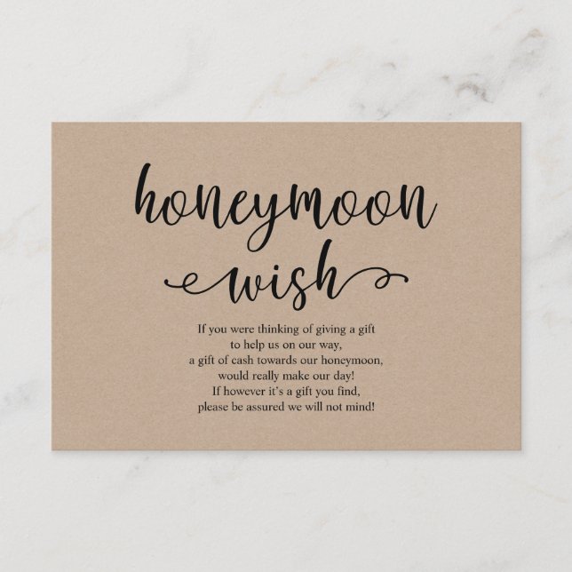 Rustic kraft black script, Wedding Honeymoon Wish Enclosure Card (Front)