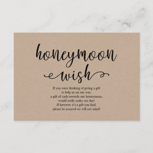 Rustic kraft black script Wedding Honeymoon Wish Enclosure Card