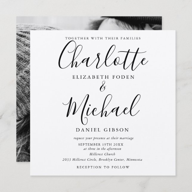 Rustic Kraft Black Script Wedding Photo Invitation (Front/Back)