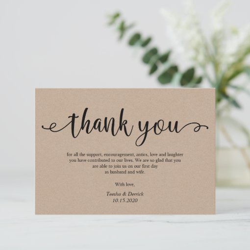 Rustic kraft black script, Wedding Thank you Enclosure Card | Zazzle