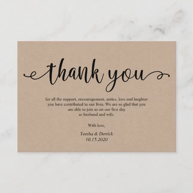 Rustic kraft black script, Wedding Thank you Enclosure Card | Zazzle