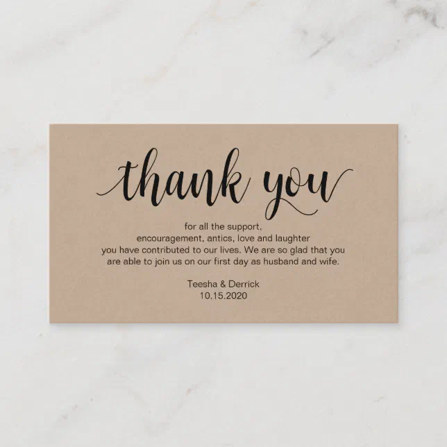 Rustic Kraft, Black Script, Wedding Thank you Enclosure Card | Zazzle