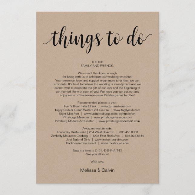 Rustic Kraft, Black, Things to do, Itinerary Card (Front)