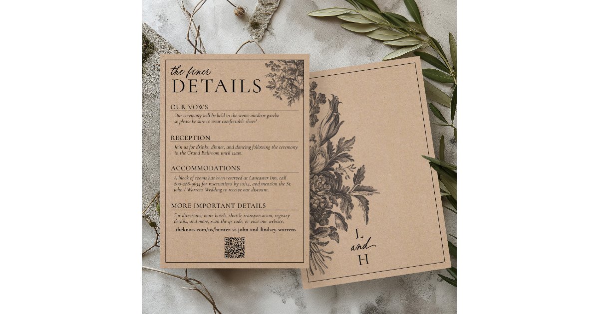 Rustic Kraft Black Vintage Floral Wedding Details Enclosure Card | Zazzle