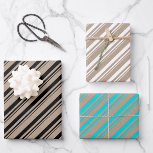 Rustic Kraft Black White Turquoise Candy Stripes Wrapping Paper Sheets