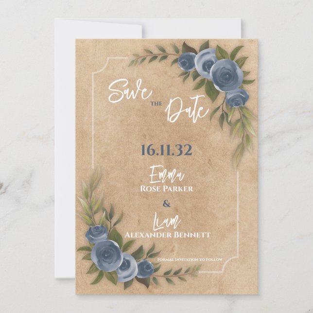 Rustic Kraft Blue Floral Wedding Save the Date (Front)