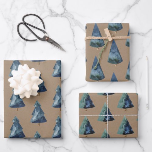 Rustic Kraft Blue  Green Spruce Trees Wrapping Paper Sheets