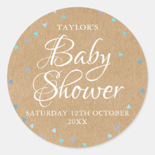 Rustic kraft blue hearts baby shower classic round sticker