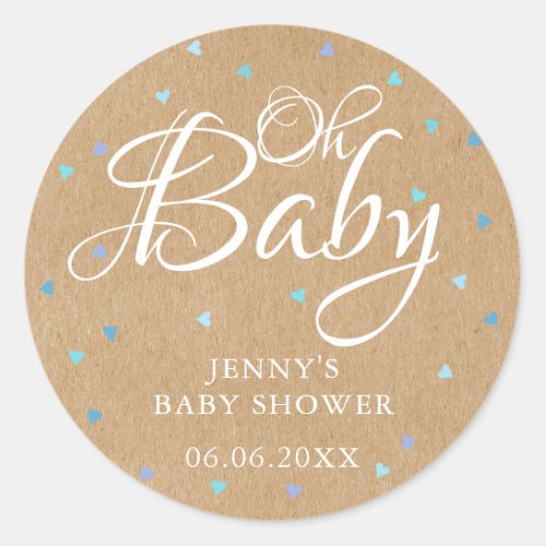 Rustic Kraft Blue Hearts Oh Baby baby shower Classic Round Sticker