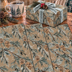 Rustic Kraft Blue Juniper Tree Branches And Cones Wrapping Paper Sheets