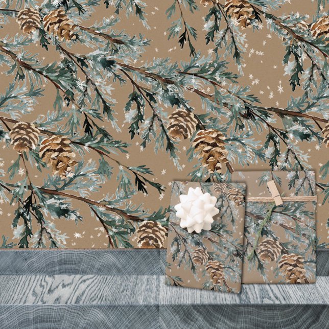 Rustic Kraft Blue Juniper Tree Branches And Cones  Wrapping Paper Sheets (Rustic Kraft Blue Juniper Tree Branches And Cones Wrapping Paper Sheets Trio)
