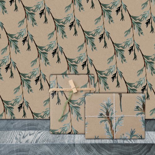 Rustic Kraft Blue Juniper Tree Branches Wrapping Paper Sheets