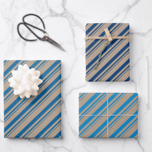 Rustic Kraft Blue Navy Capri Blue Candy Stripes Wrapping Paper Sheets