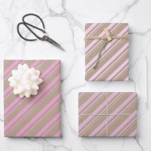 Rustic Kraft Blue Pink Blush Rose Candy Stripes Wrapping Paper Sheets